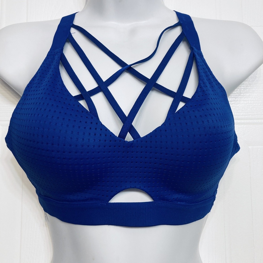 Victoria's Secret Sports Bra Womens 34A Blue Strappy Laser Cut Workout Yoga